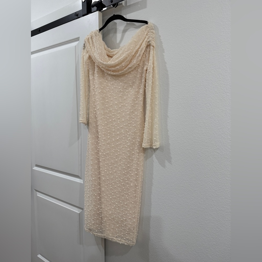 Elegant Cream Textured Midi Dress with Drape Neck